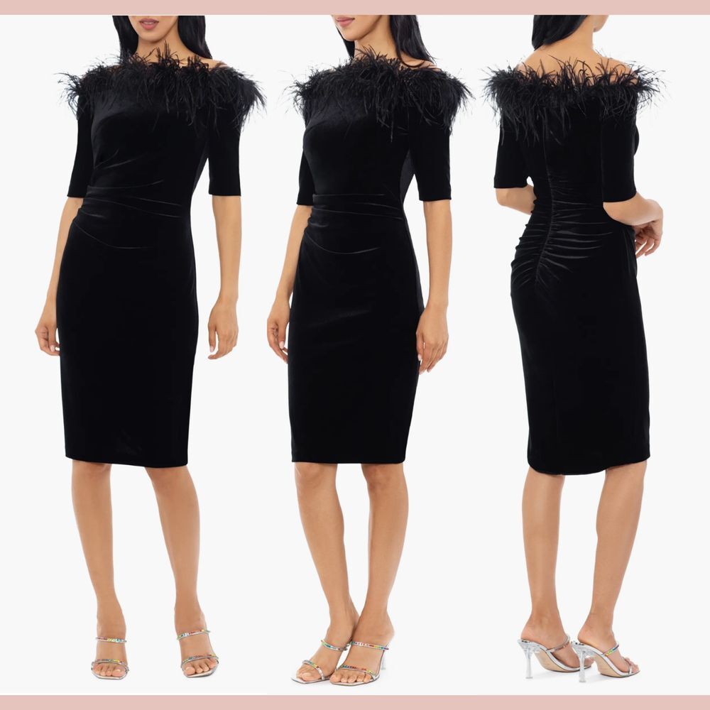 NEW $258‎ Xscape [ 8 ] Feather Trim Off the Shoulder Sheath Dress in Black